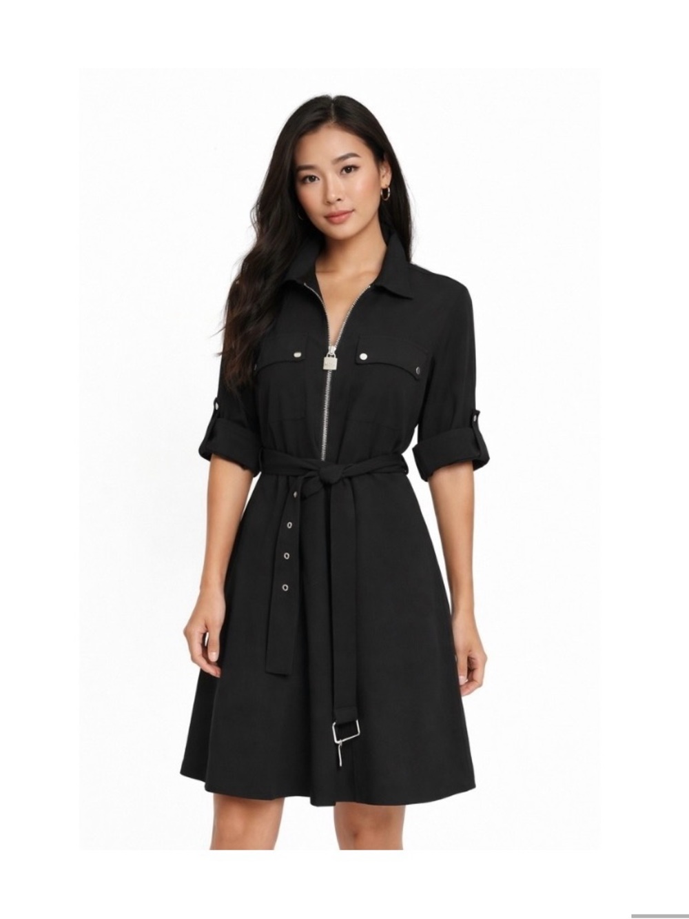Michael Kors Black Zip-Front Belted Midi Shirt Dress